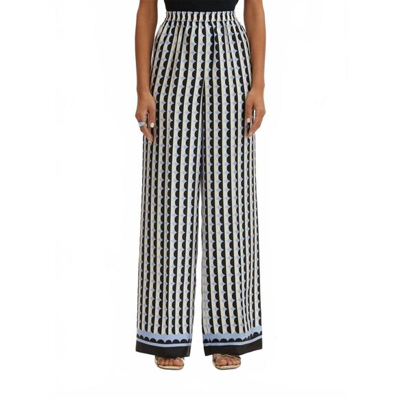 NEW OSCAR DE LA RENTA wide leg allover mini geo silk twill pants in black/blue